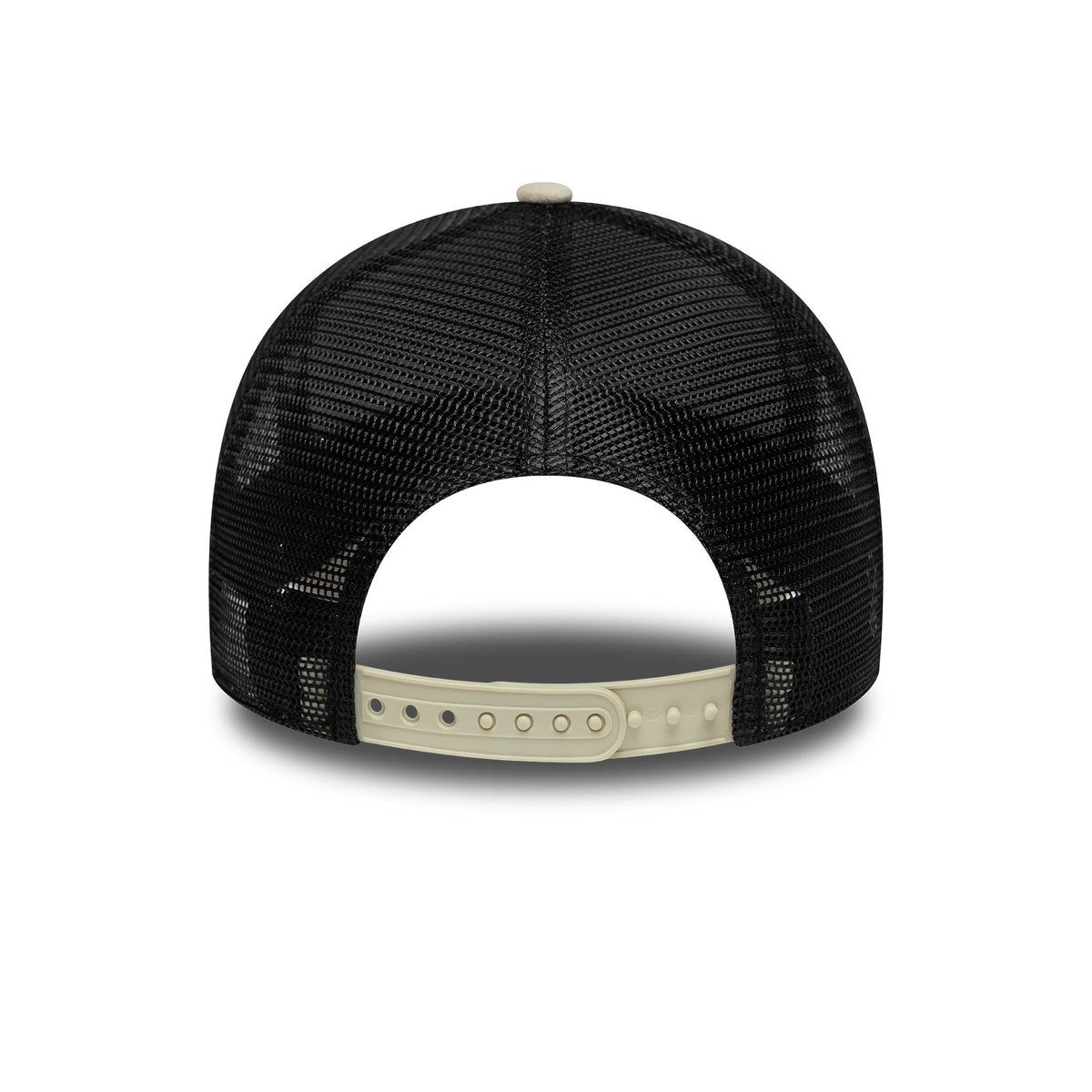 FC Porto Faux Suede Cream New Era 9FORTY A-Frame Trucker Adjustable Cap, rear view showing a cream snapback closure, black mesh back panels, and a cream top button on the structured silhouette.
