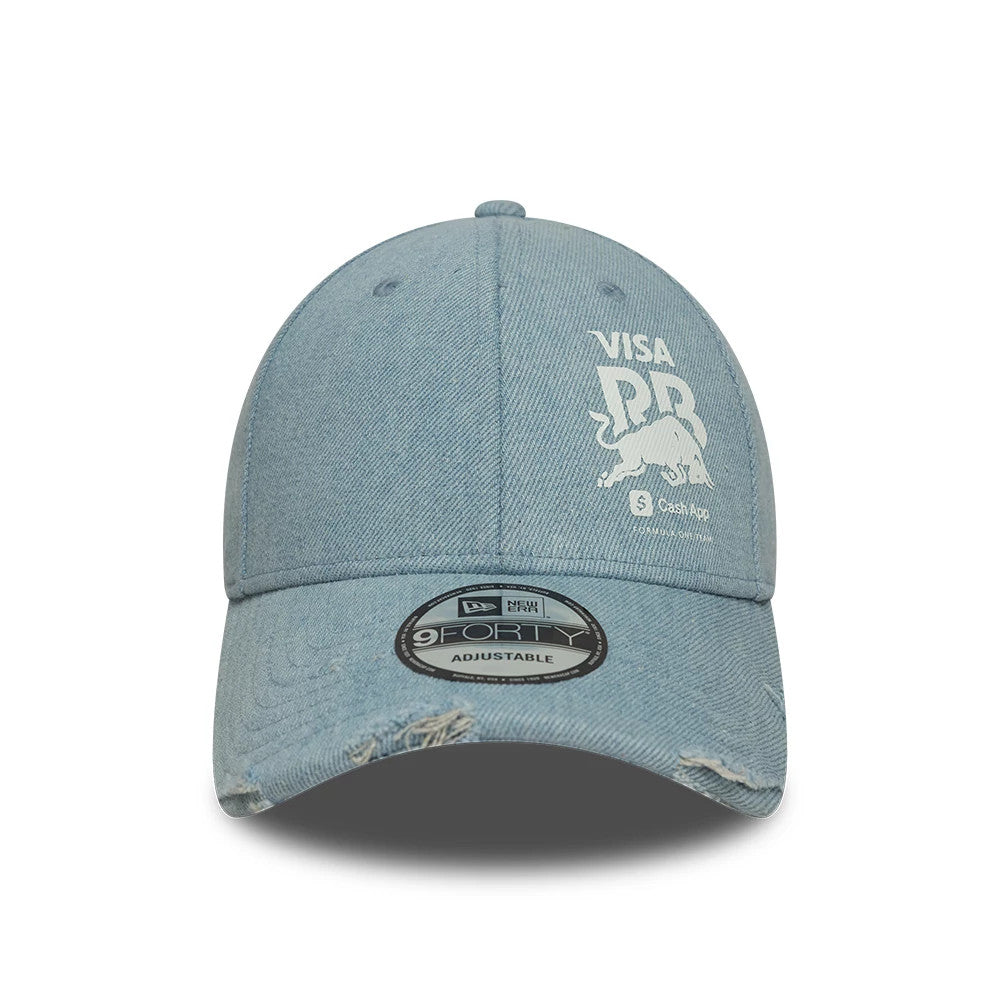 Visa Cash App Racing Bulls Denim Open Blue New Era 9FORTY Adjustable Cap, front view showing a white embroidered Visa and bull graphic on the front panel, a distressed blue visor, and a black 9FORTY size sticker on the visor.