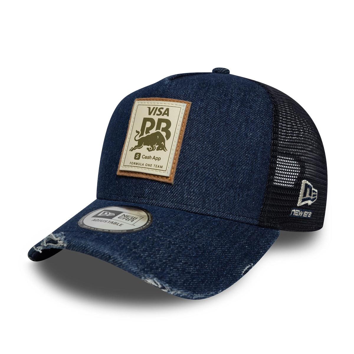 Visa Cash App Racing Bulls Denim Black New Era 9FORTY E-Frame Trucker Adjustable Cap, three-quarter view showing a prominent brown-bordered fabric patch with the Visa Racing Bulls logo on the front panel, a curved denim visor with light distressing.