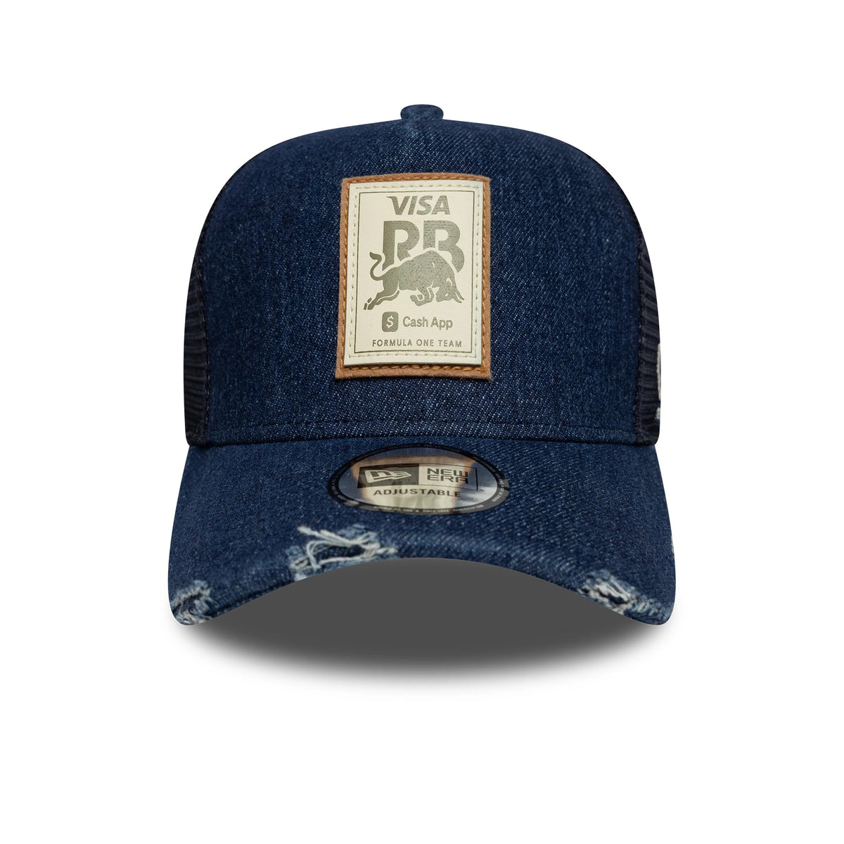 Visa Cash App Racing Bulls Denim Black New Era 9FORTY E-Frame Trucker Adjustable Cap, front view showing an embroidered patch with Visa and bull graphics on the structured denim crown, a black mesh back, and a 9FORTY size sticker on the curved visor.