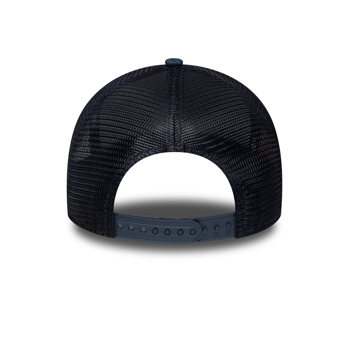 Visa Cash App Racing Bulls Denim Black New Era 9FORTY E-Frame Trucker Adjustable Cap, rear view showing the black mesh back panels, dark blue adjustable snapback closure, and a curve to the crown shape.