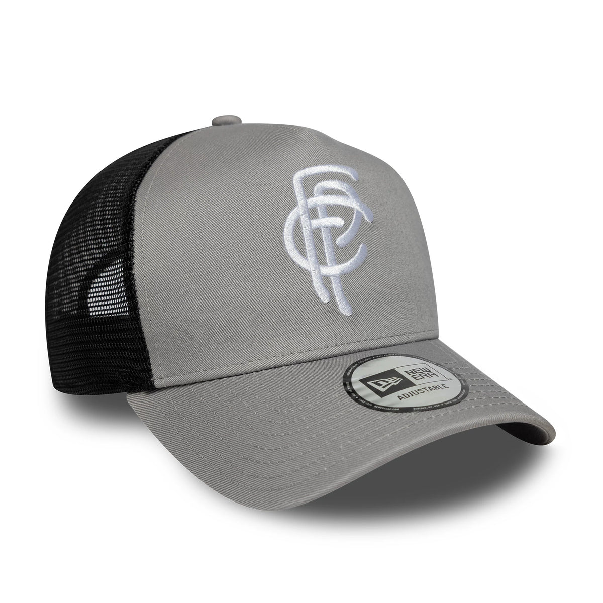 FC Porto Grey New Era 9FORTY A-Frame Trucker Adjustable Cap, three-quarter view showing a white embroidered FC logo on the front panel, complemented by a black mesh back and a curved grey visor with a 9FORTY size sticker.