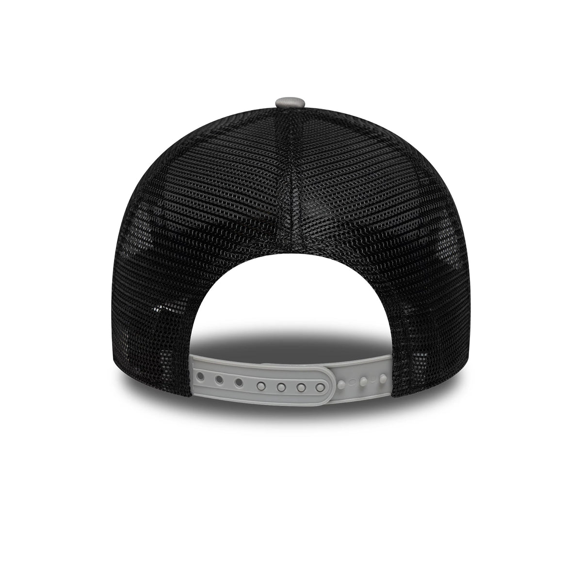 FC Porto Grey New Era 9FORTY A-Frame Trucker Adjustable Cap, rear view showing the black mesh back panels and grey adjustable snap closure, with a top button accentuating the cap's structured shape.