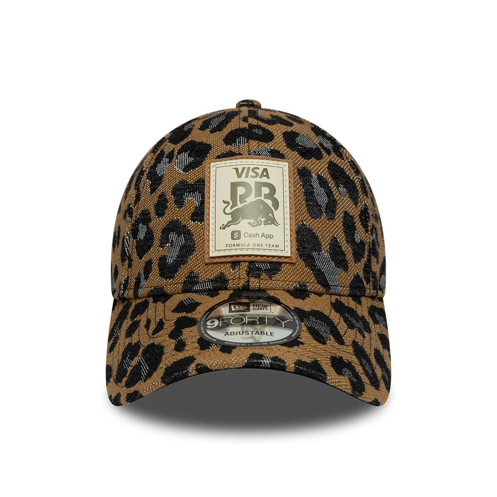 Womens Visa Cash App Racing Bulls Leopard Open Brown New Era 9FORTY Adjustable Cap, front view showing a large beige patch with Visa, PR and bull graphics on the centre of the leopard print crown, with a 9FORTY size sticker on the curved visor.