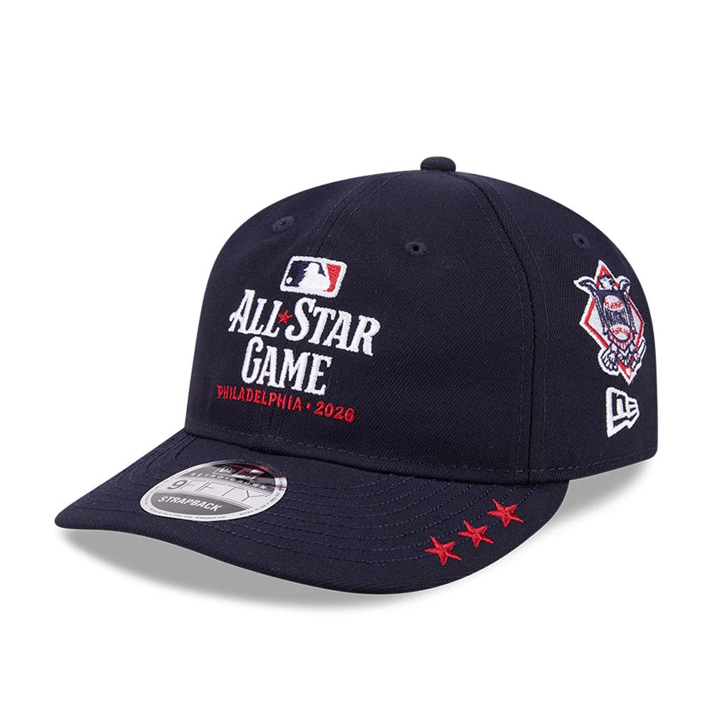 MLB X Ralph Lauren All Star Game Navy Retro Crown New Era 9FIFTY Adjustable Cap, front view showing white and red embroidered All Star Game and Philadelphia 2026 text, with an MLB logo above and red stars on the navy visor.
