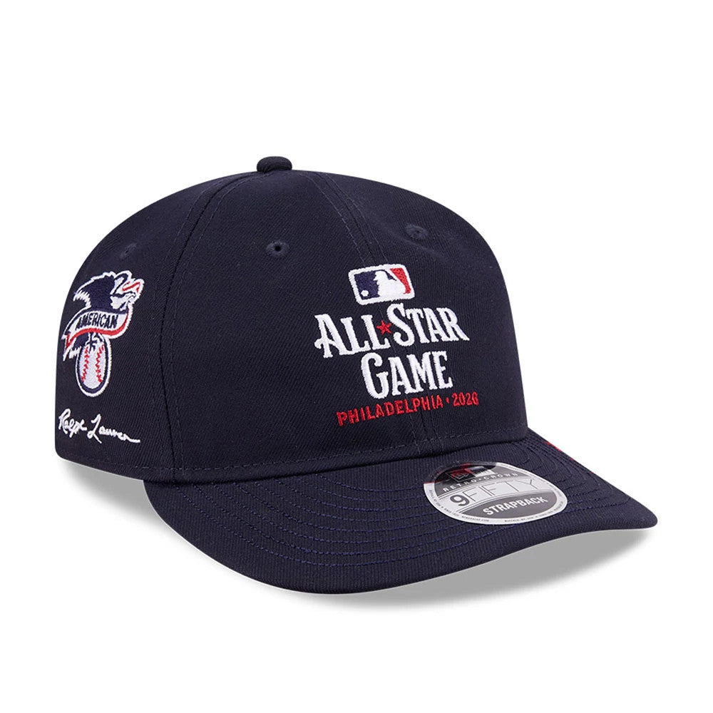 MLB X Ralph Lauren All Star Game Navy Retro Crown New Era 9FIFTY Adjustable Cap, three-quarter view showing the white and red embroidered All Star Game logo on the front panel, American League patch on the left side.