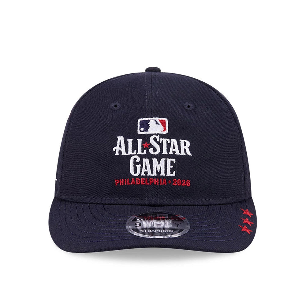 MLB X Ralph Lauren All Star Game Navy Retro Crown New Era 9FIFTY Adjustable Cap, front view showing the raised embroidered white and red All Star Game text across the front panel, with MLB logo above and four red stars on the navy visor.