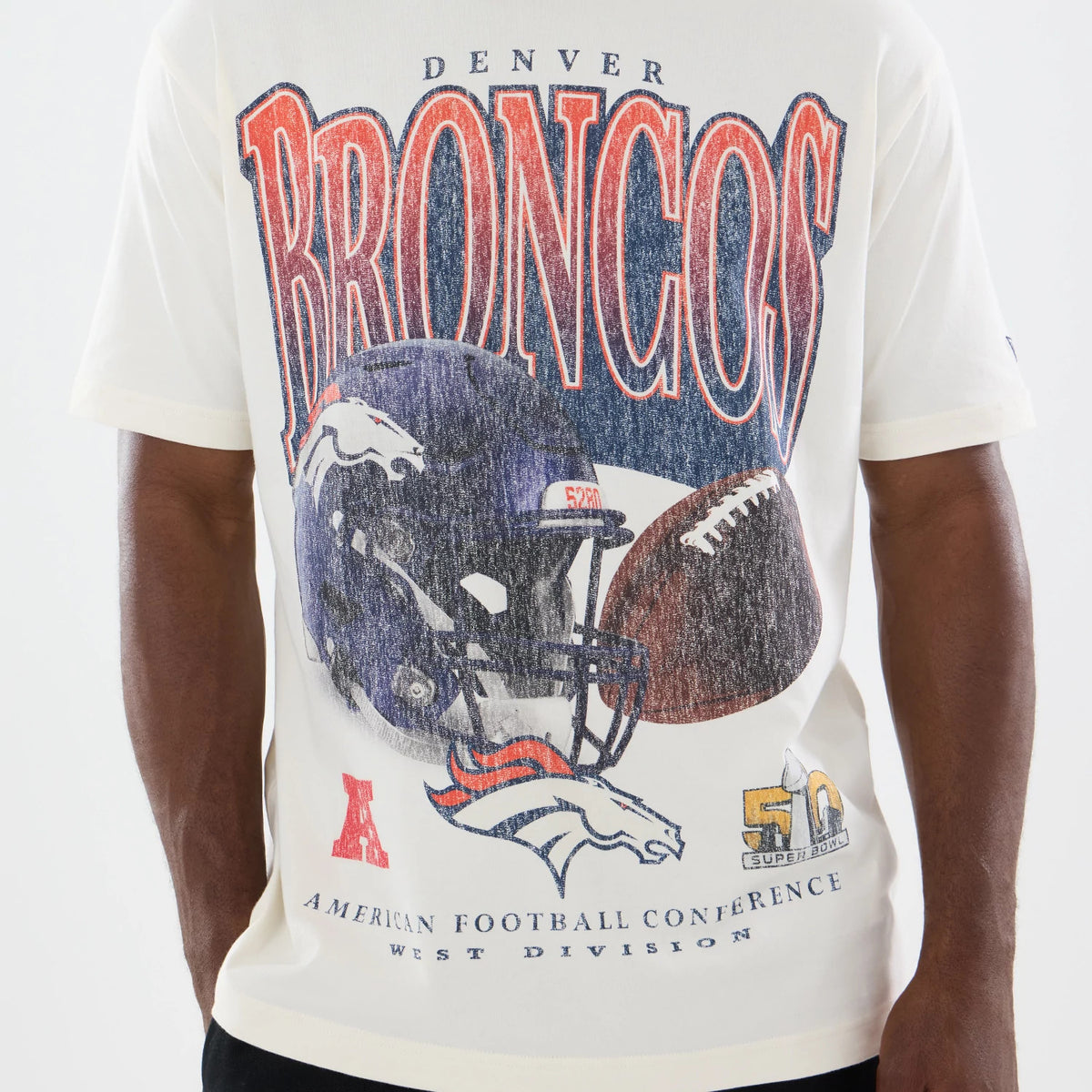 New Era Denver Broncos NFL Sport Classic Cream T-Shirt, front view showing a large printed graphic of a blue football helmet with the Broncos logo, a football, red Broncos lettering, and Super Bowl 50 Champion emblem near the hem.