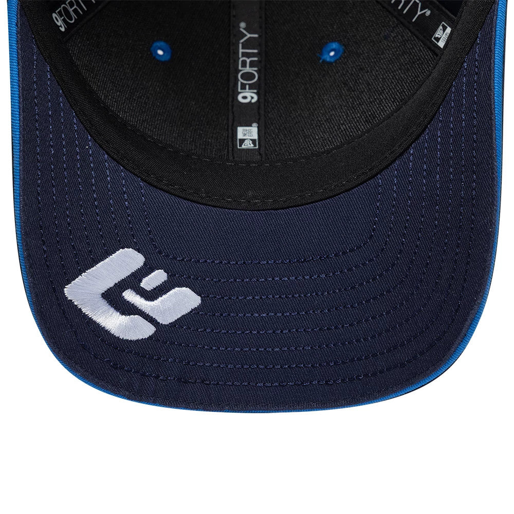 Williams Alex Albon Navy New Era 9FORTY M-Crown Adjustable Cap, inside view showing the black sweatband with 9FORTY taping, a white logo embroidered on the navy undervisor, and bright blue eyelets on the structured crown.