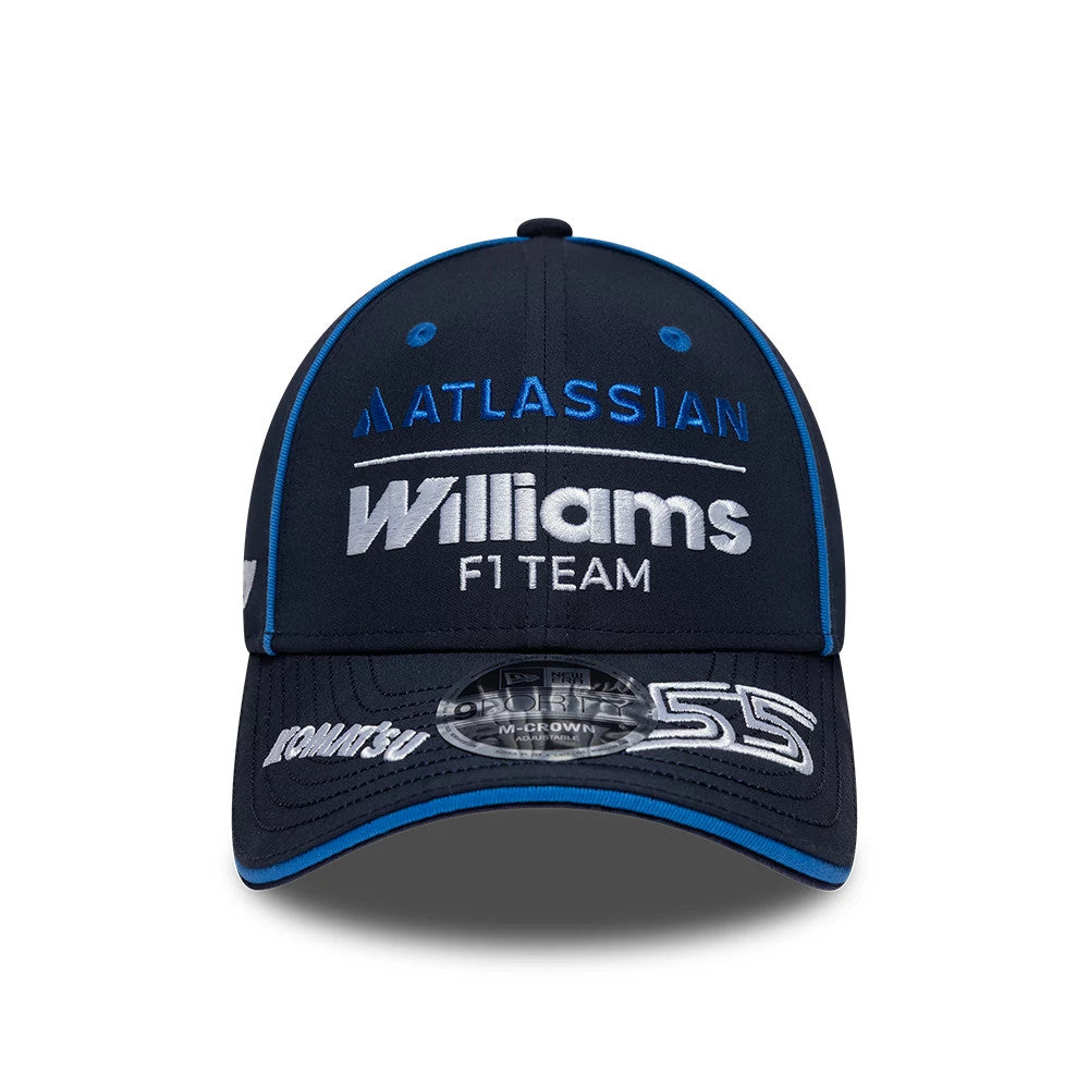Williams Carlos Sainz Navy New Era 9FORTY M-Crown Adjustable Cap, front view showing the embroidered Atlassian logo in blue and Williams F1 Team text in white on the navy crown, with 9FORTY size sticker and '55' on the visor.