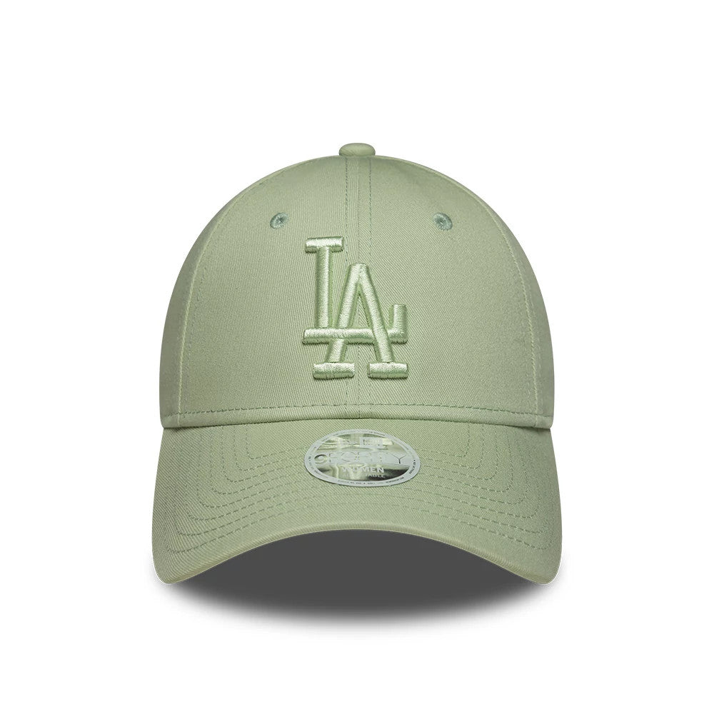 LA Dodgers Womens MLB League Essential Pastel Green New Era 9FORTY Adjustable Cap, front view showing the raised pastel green LA logo embroidered on the front panel, with a matching curved visor and a 9FORTY size sticker on top.
