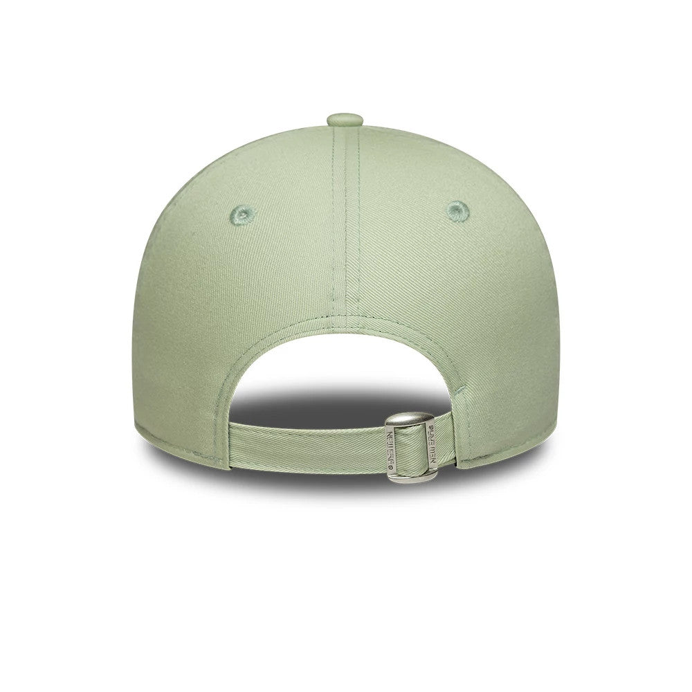 LA Dodgers Womens MLB League Essential Pastel Green New Era 9FORTY Adjustable Cap, rear view showing the pastel green adjustable strap with a buckle, two embroidered eyelets, and a top button on the relaxed crown.