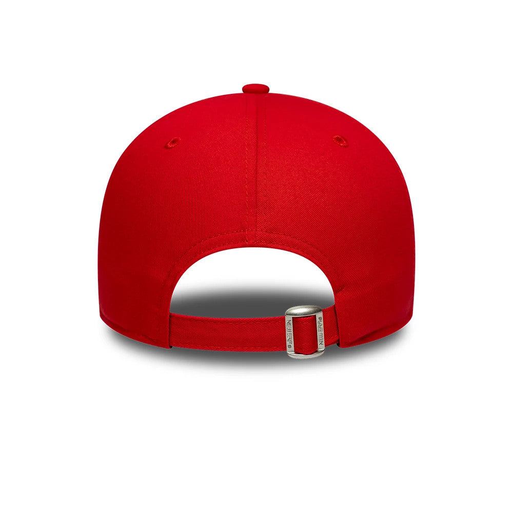 Chicago Bulls NBA Outline Red New Era 9FORTY Adjustable Cap, rear view showing the curved red visor, New Era flag logo on the buckle of the adjustable strap, and structured red crown with matching top button and embroidered eyelets.