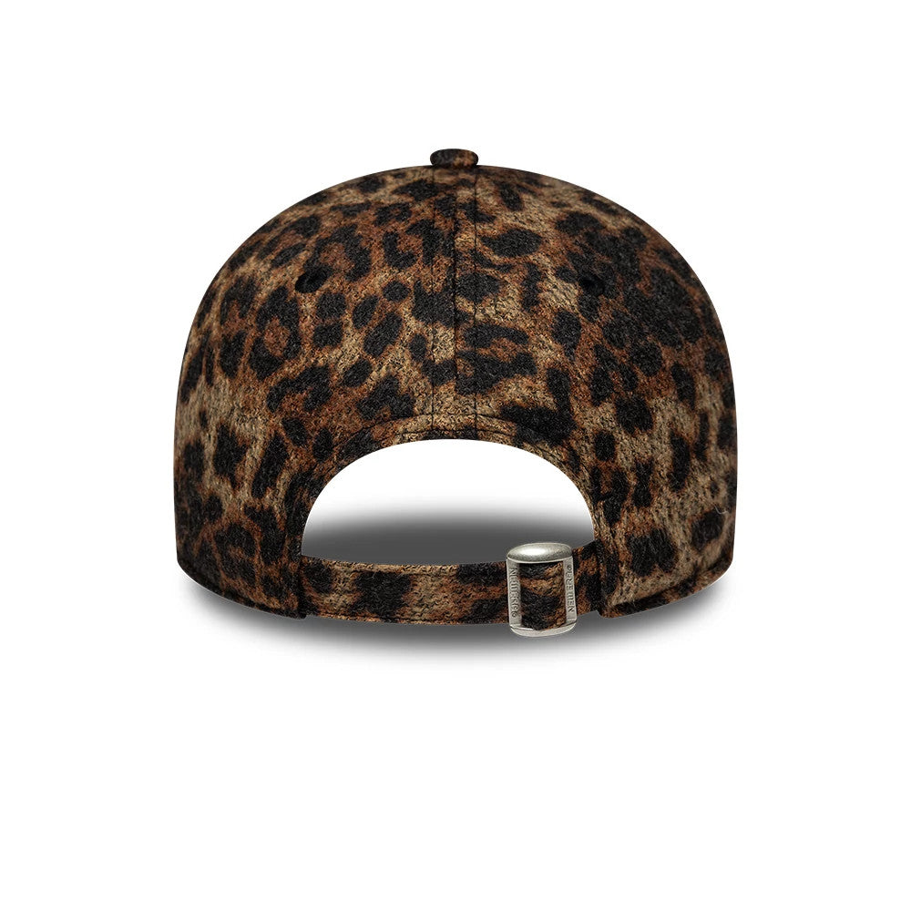 New York Yankees Womans MLB Cosy Leopard Brown New Era 9FORTY Adjustable Cap, rear view showing the leopard print pattern across the entire structured crown and top button, with an adjustable strap featuring a buckle for custom fit.