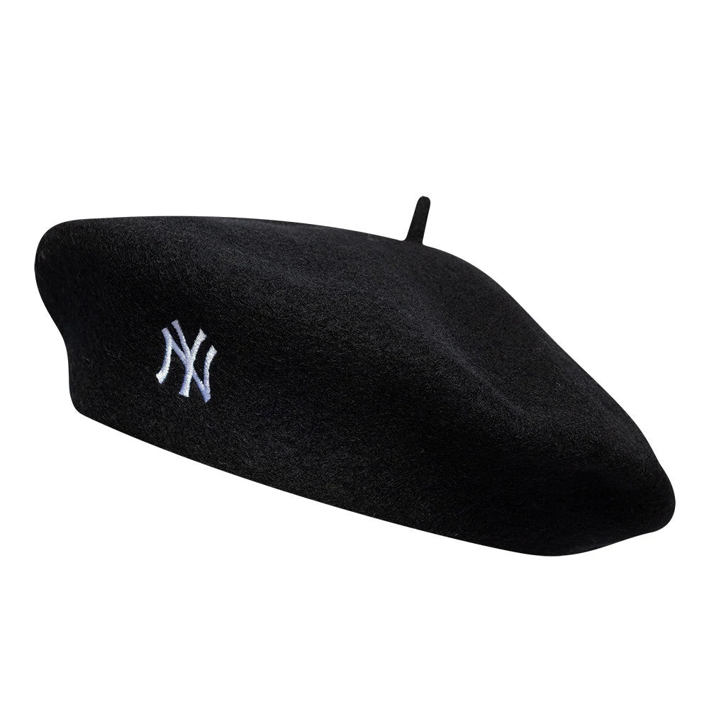 New Era New York Yankees MLB Wool Script Black Beret, front view showing the white NY logo embroidered on the left side of the black wool cap, which features a classic beret shape with a small top loop for added style.