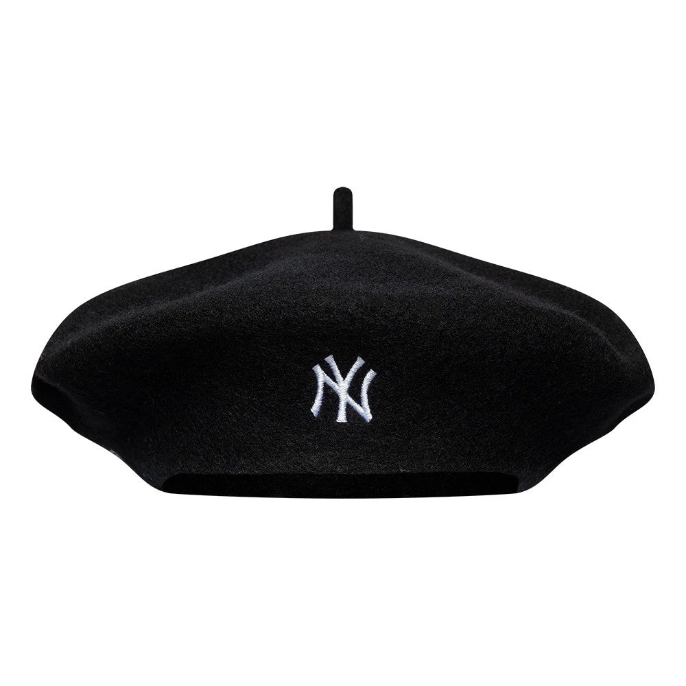New Era New York Yankees MLB Wool Script Black Beret, front view showing the prominent white NY embroidered logo on the centre of the black wool material, with a classic beret shape featuring a small top loop detail.