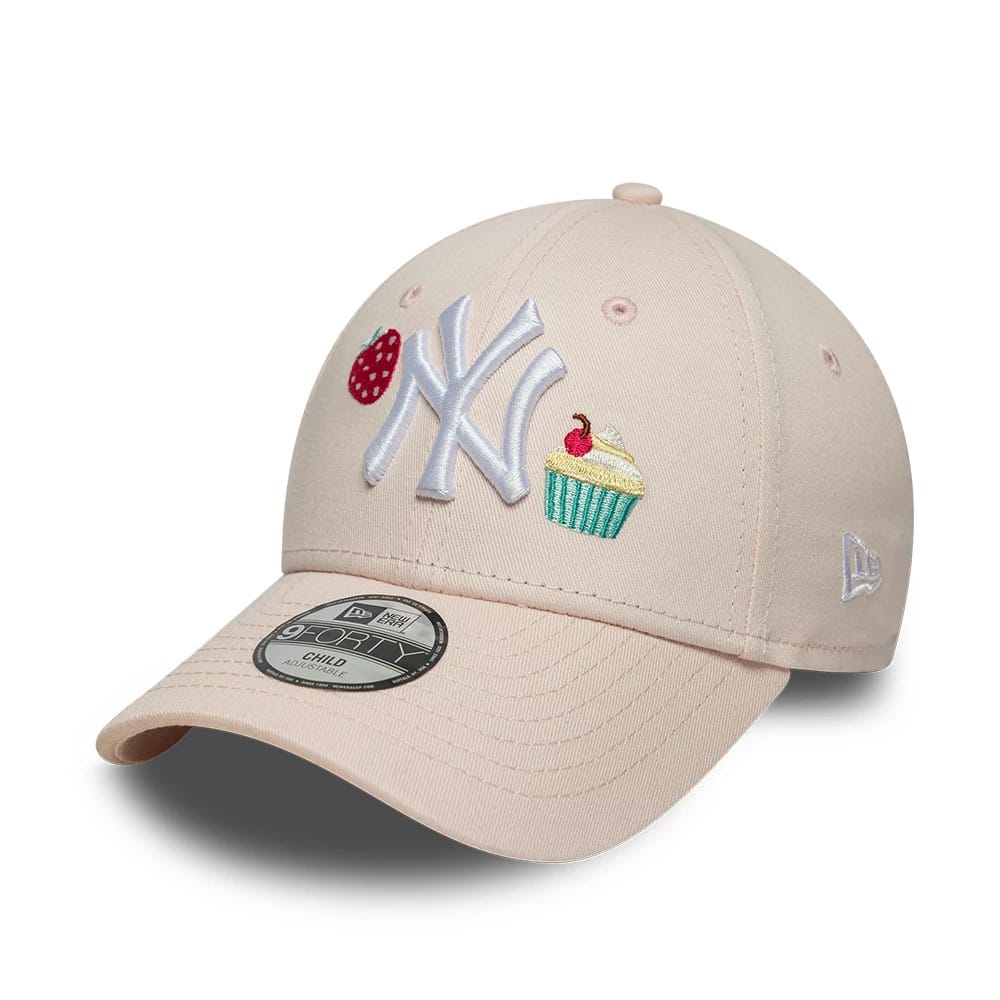 Pictured is this Child MLB Food Icon New York Yankees 9FORTY cap in pastel pink. 1
