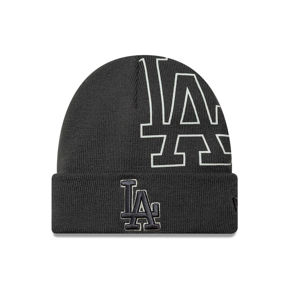 New Era LA Dodgers MLB Script Charcoal Cuff Knit Beanie Hat, front view showing a large LA logo in charcoal outlined in white on the crown, with an embroidered black LA logo on the cuff, and a small New Era flag logo on the left side.
