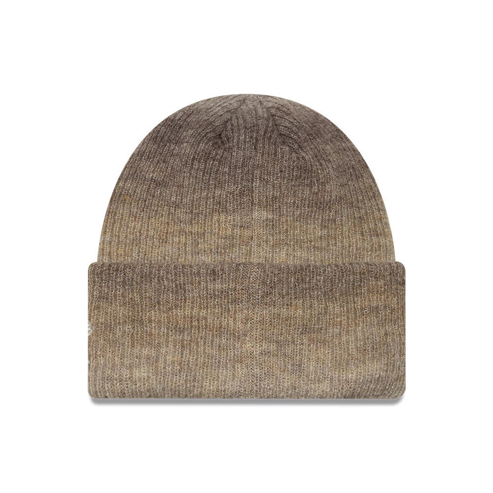 New Era New York Yankees Womens MLB Ombre Brown Cuff Knit Beanie Hat, front view showing a seamless ombre design transitioning from dark brown at the top to a lighter brown at the cuff, with a soft ribbed texture throughout.