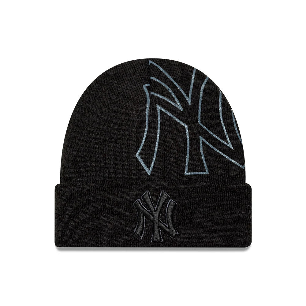 New Era New York Yankees MLB Script Black Cuff Knit Beanie Hat, front view showing raised black embroidered New York Yankees logo on the cuff, with a large outlined Yankees logo on the upper section of the beanie.