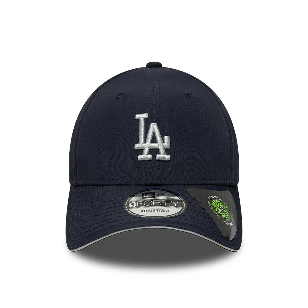 LA Dodgers MLB Recycled Navy New Era 9FORTY Adjustable Cap, front view showing the silver LA logo in raised embroidery on the structured navy crown, with a curved visor and the 9FORTY size sticker on the top.
