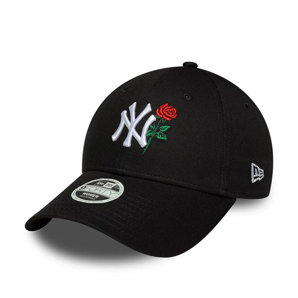 New York Yankees Womens MLB Flower Icon Black New Era 9FORTY Adjustable Cap, three-quarter view showing the white raised embroidered NY logo with a red rose on the front panel, black curved visor, and a 9FORTY size sticker on the top of the visor.