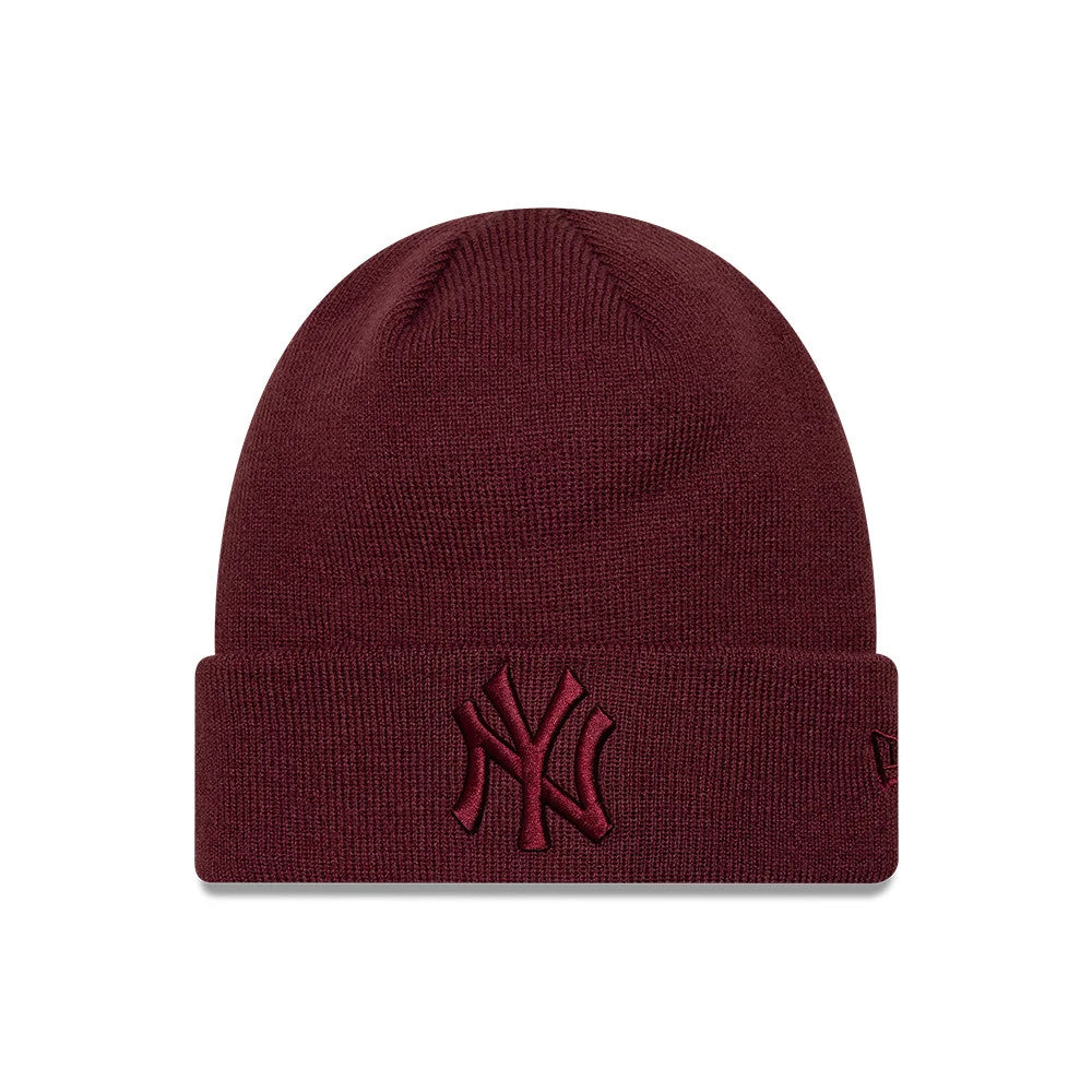 Pictured is this MLB League Essential New York Yankees Cuff Knit Beanie hat in dark red. 1
