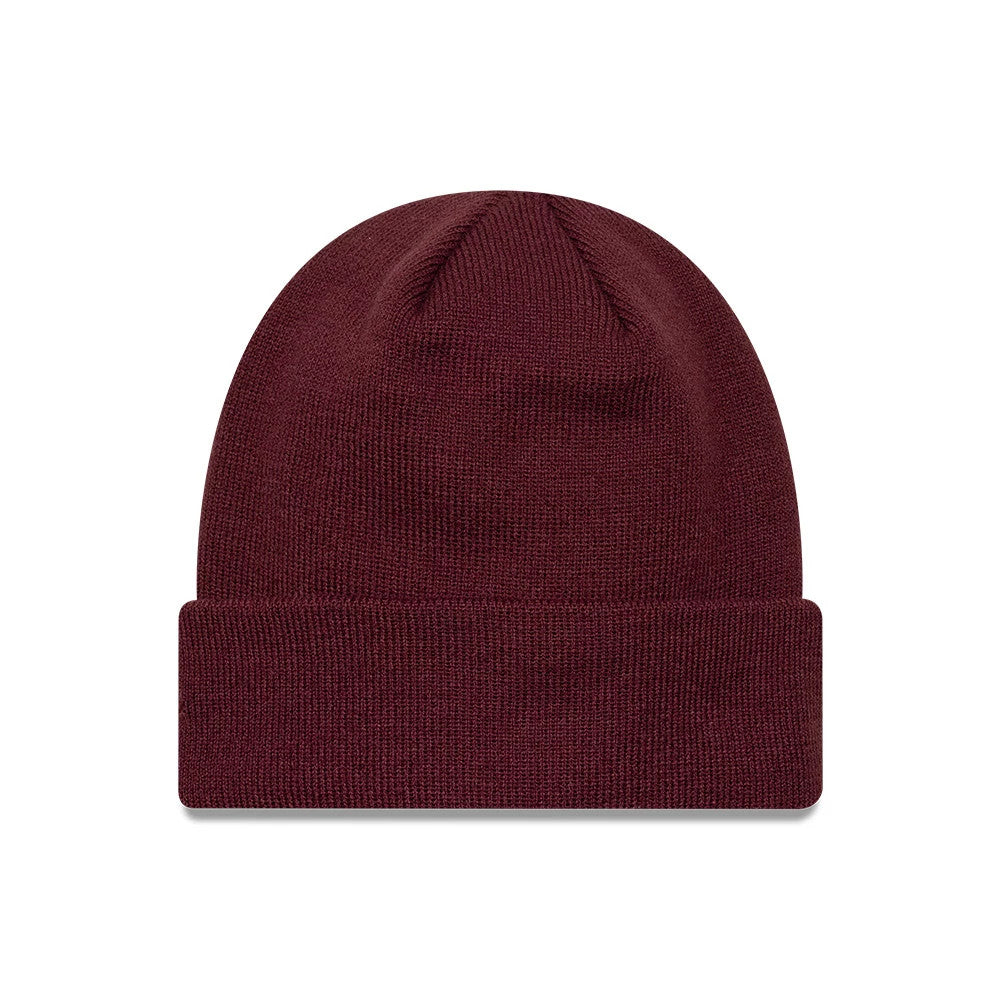 New Era New York Yankees MLB League Essential Dark Red Cuff Knit Beanie Hat, front view showing a dark red fold-over cuff, a soft ribbed texture across the entire beanie, and a seamless rounded top for a cosy fit.