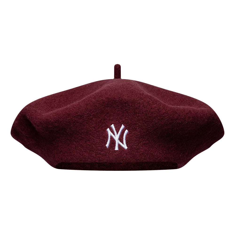 New Era New York Yankees MLB Wool Script Dark Red Beret, front view showing the white embroidered NY logo centred on the dark red wool material, with a small woolen stalk at the top and a soft, rounded shape.