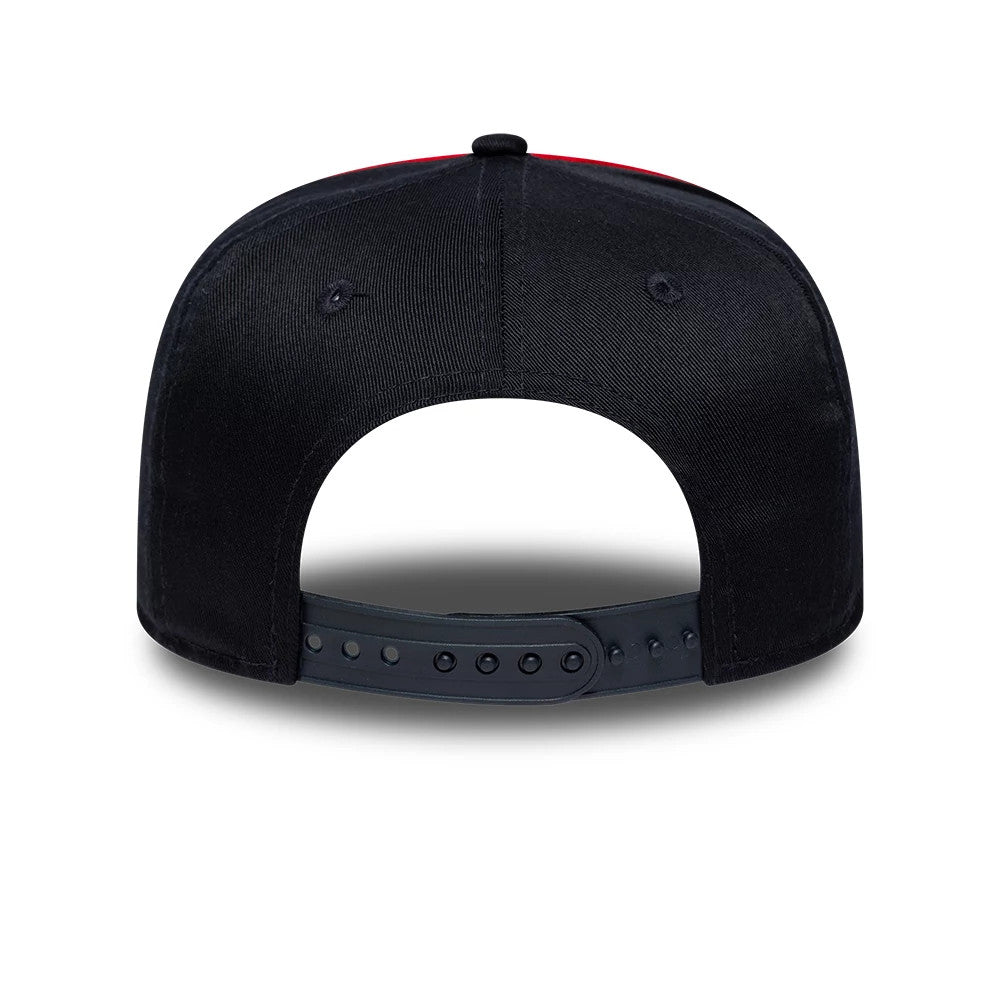 Superman Youth DC Blue & Black New Era 9FIFTY Snapback Adjustable Cap, rear view showing a black adjustable snap closure on the black structured crown, with embroidered eyelets enhancing the design.