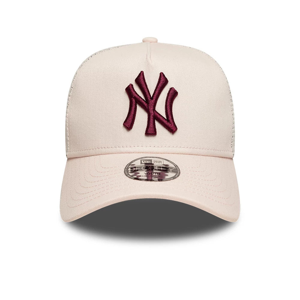 Yankees Youth MLB League Essential Pastel Pink New Era 9FORTY A-Frame Trucker Adjustable Cap, front view showing a raised burgundy NY logo on the structured pastel pink crown, with a silver 9FORTY size sticker on the curved visor.