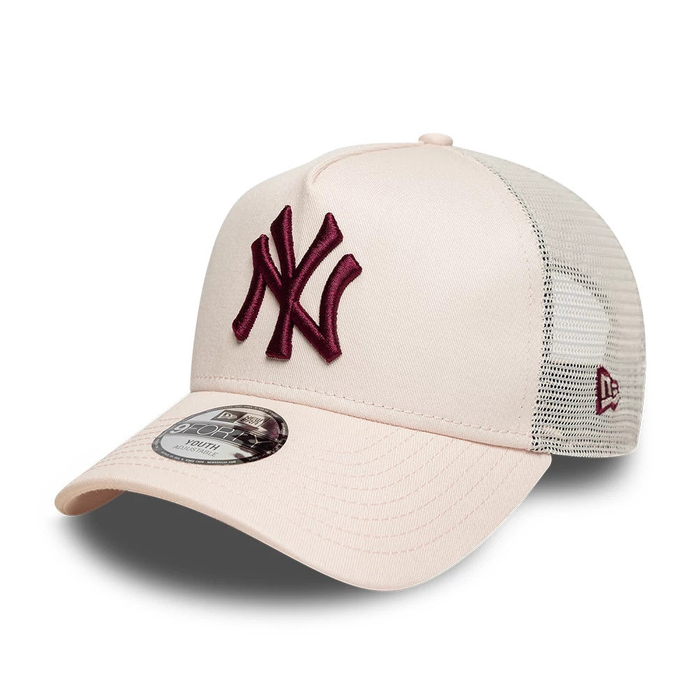 Yankees Youth MLB League Essential Pastel Pink New Era 9FORTY A-Frame Trucker Adjustable Cap, front view showing a dark red embroidered NY logo on the structured pastel pink crown, curved pink visor with a 9FORTY size sticker.