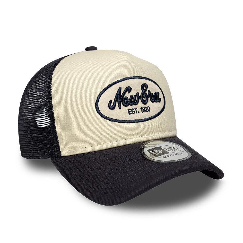 Pictured is this New Era Oval Patch 9FORTY A-Frame Trucker cap in black. 3