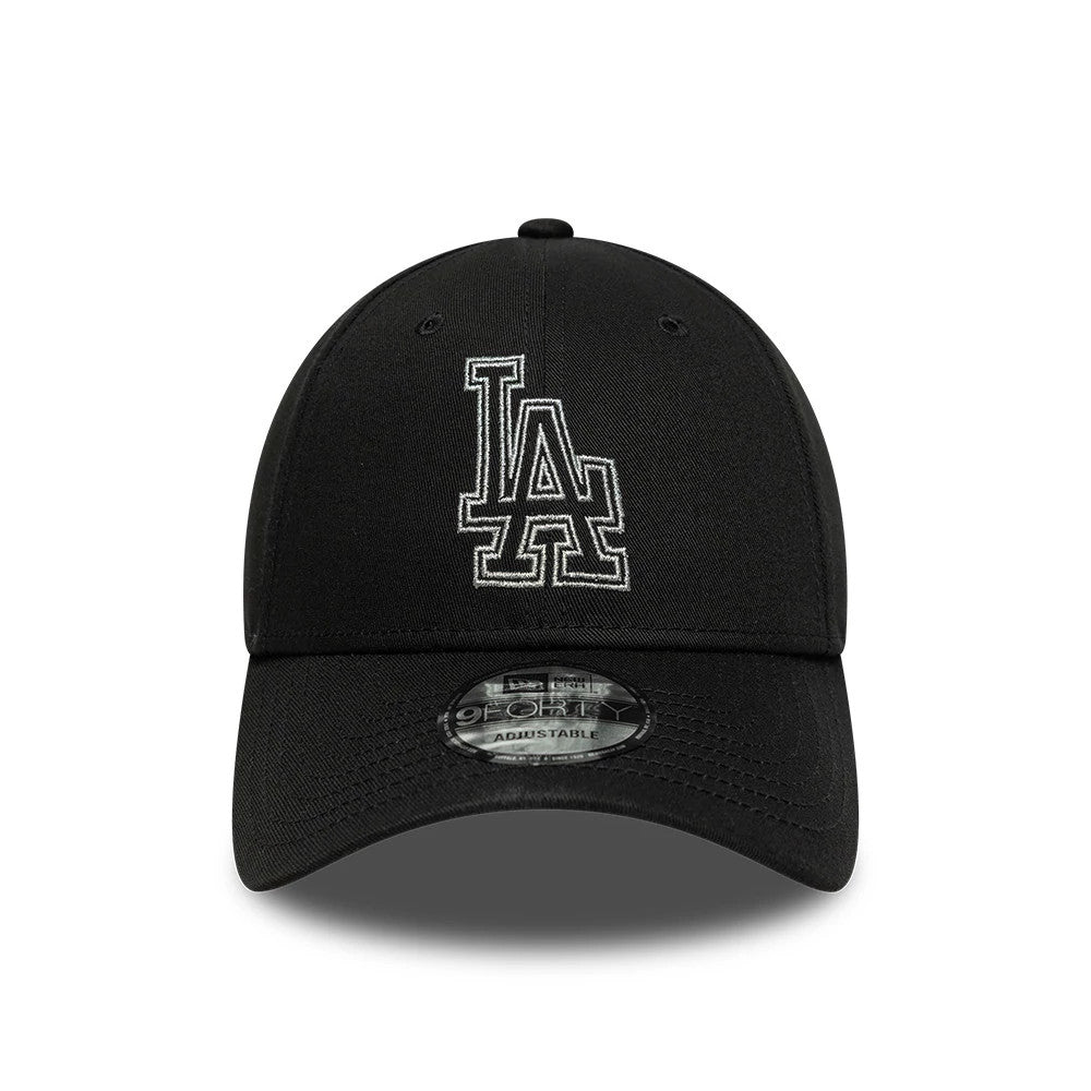 LA Dodgers MLB Metallic Outline Black New Era 9FORTY Adjustable Cap, front view showing the silver embroidered LA logo on the black structured crown, with a curved black visor and a 9FORTY size sticker at the centre.