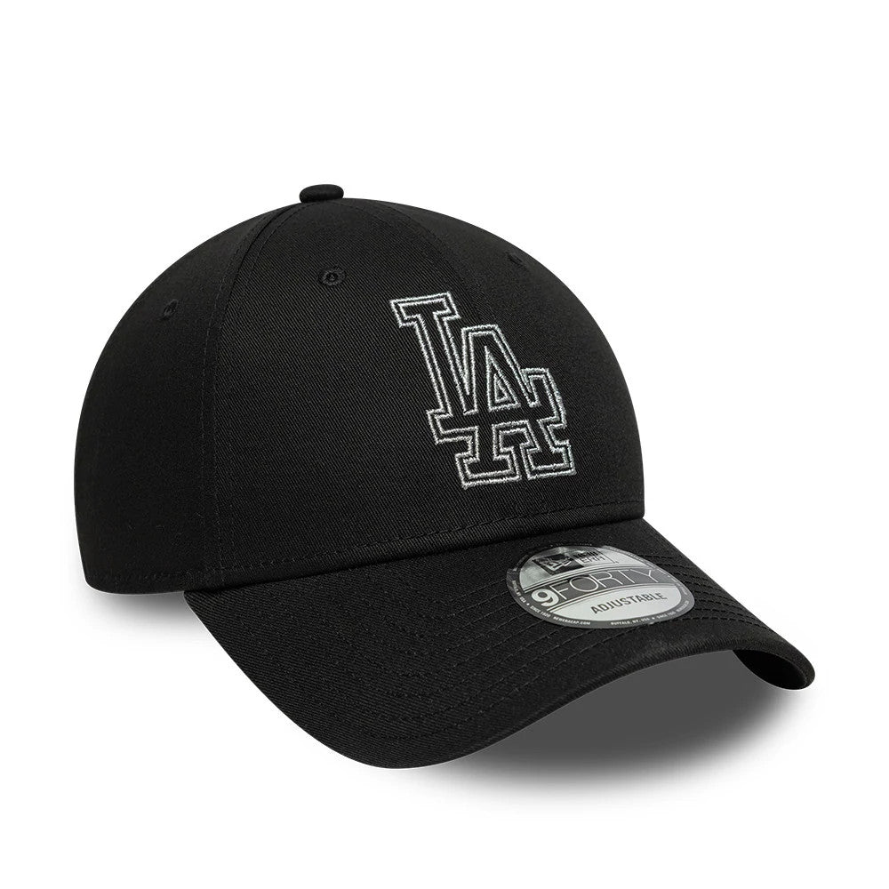 LA Dodgers MLB Metallic Outline Black New Era 9FORTY Adjustable Cap, front view showing the silver outline LA logo in raised embroidery on the black front panel, with a curved black visor featuring the 9FORTY size sticker.