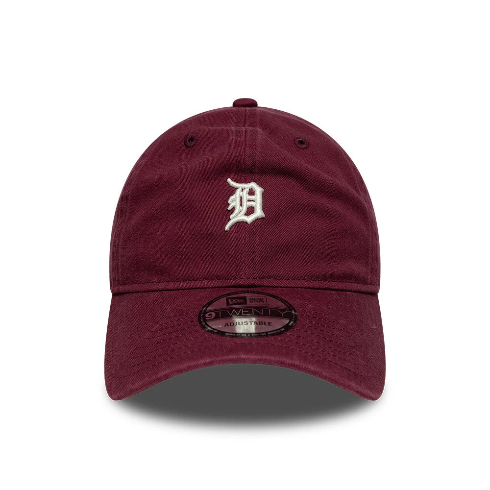Detroit Tigers MLB Mini Logo Dark Red New Era 9TWENTY Adjustable Cap, front view showing the white embroidered Detroit Tigers logo on the front panel, with a curved visor and a 9TWENTY size sticker on the visor.