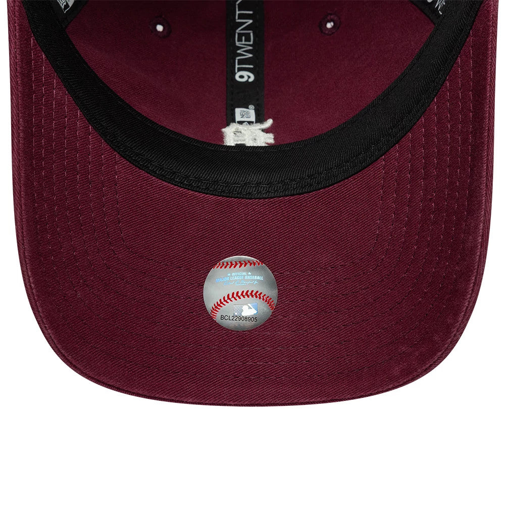 Detroit Tigers MLB Mini Logo Dark Red New Era 9TWENTY Adjustable Cap, inside view showing the dark red undervisor with an MLB holographic sticker, black sweatband, and contrasting black taping featuring the 9TWENTY branding.