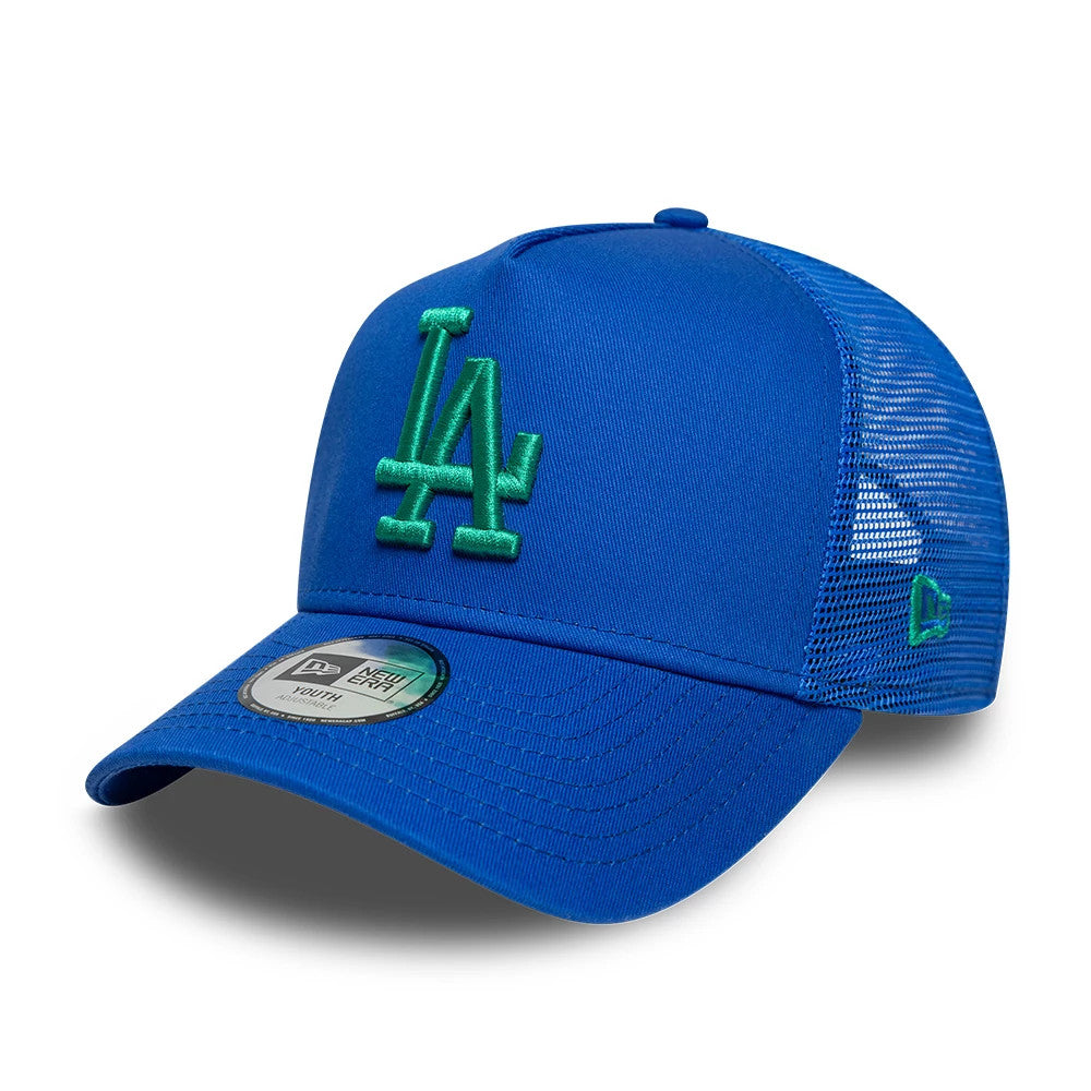 Dodgers Youth MLB League Essential Bright Blue New Era 9FORTY A-Frame Trucker Adjustable Cap, three-quarter view showing the green embroidered LA logo on the structured bright blue front panel, a curved visor with a 9FORTY size sticker.