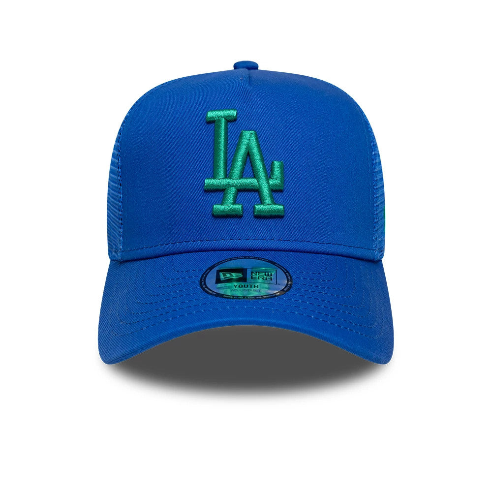 Dodgers Youth MLB League Essential Bright Blue New Era 9FORTY A-Frame Trucker Adjustable Cap, front view showing the raised green LA logo embroidered on the structured bright blue front panel and a 9FORTY size sticker on the curved visor.