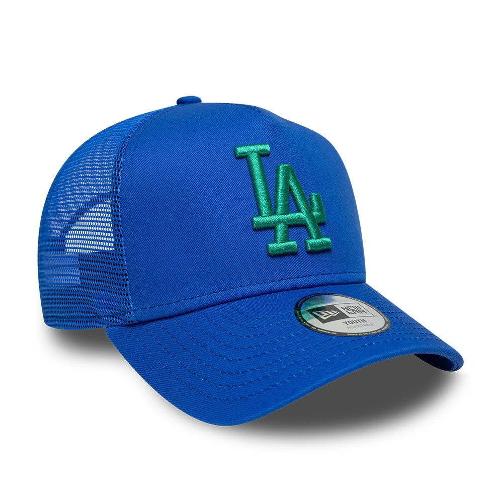Dodgers Youth MLB League Essential Bright Blue New Era 9FORTY A-Frame Trucker Adjustable Cap, front view showing the green raised embroidery LA logo on the front panel, with a bright blue curved visor and a 9FORTY size sticker on the top.