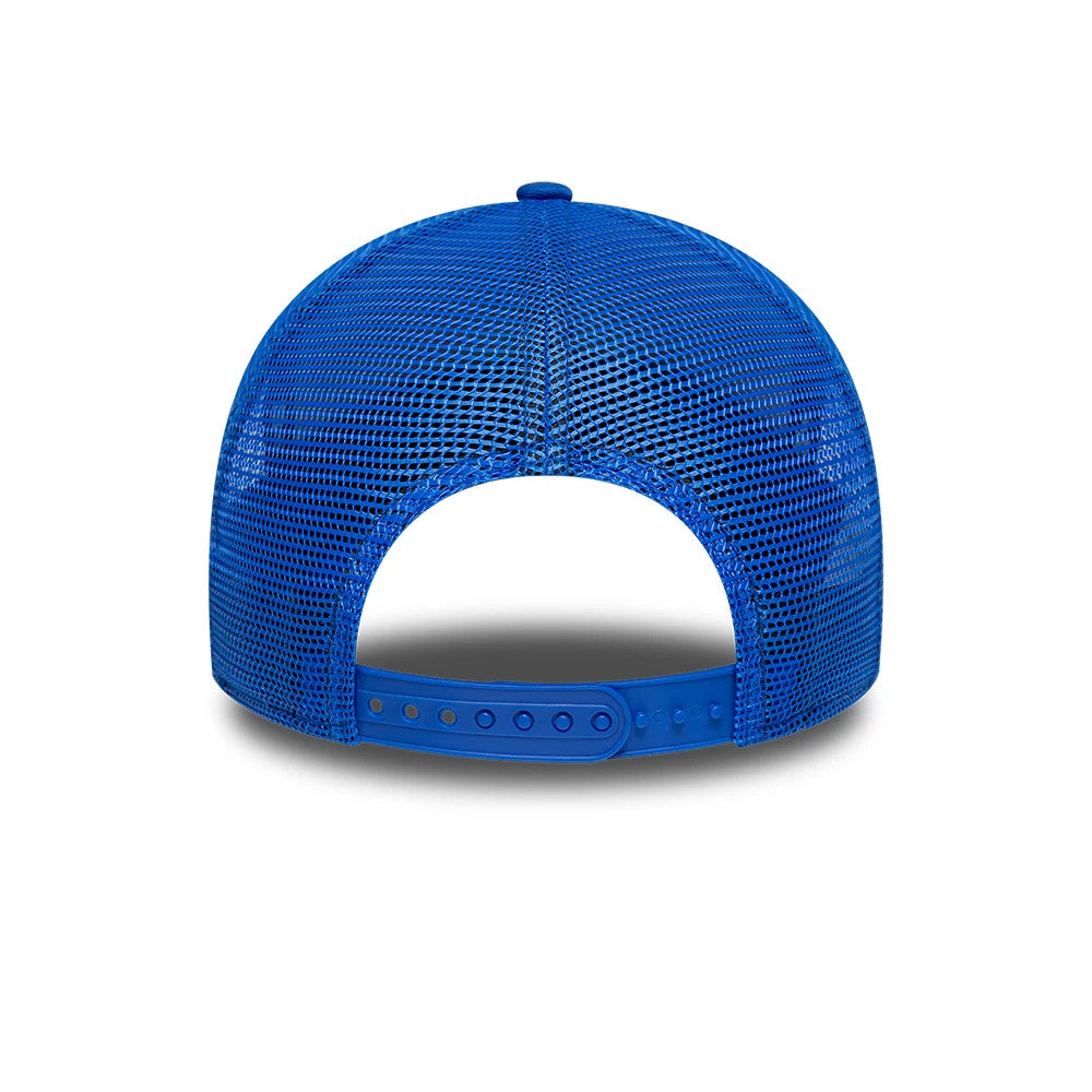 Dodgers Youth MLB League Essential Bright Blue New Era 9FORTY A-Frame Trucker Adjustable Cap, rear view showing the bright blue mesh back panels and an adjustable snap closure, highlighting the structured A-frame shape of the cap.