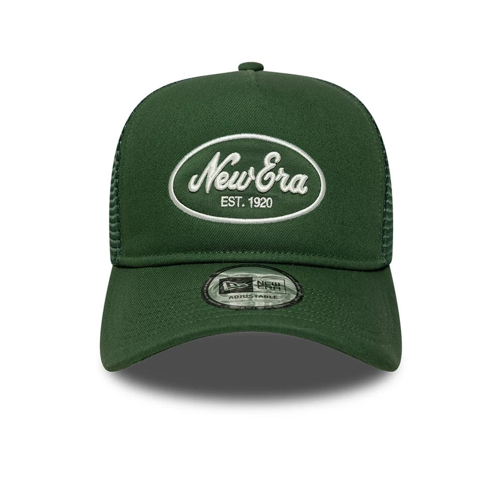 Pictured is this New Era Oval Patch 9FORTY A-Frame Trucker cap in dark green. 2