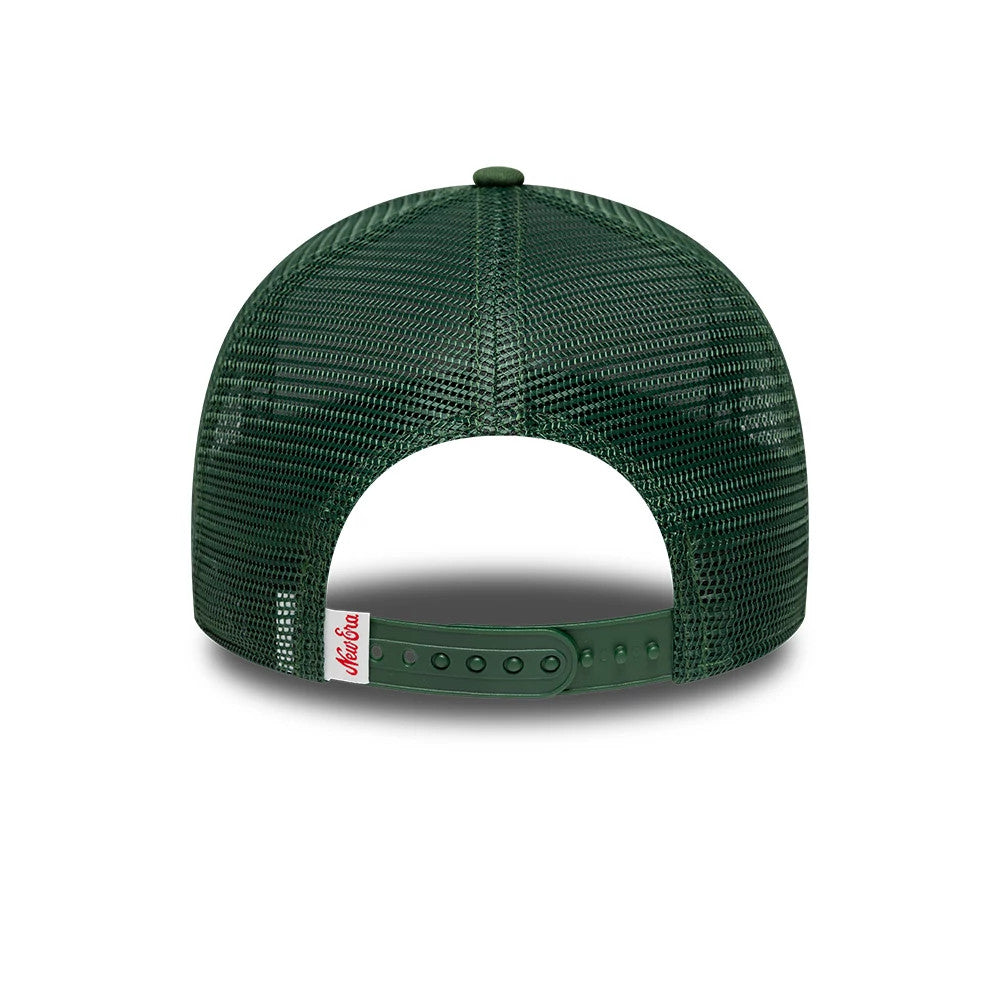 Pictured is this New Era Oval Patch 9FORTY A-Frame Trucker cap in dark green. 4