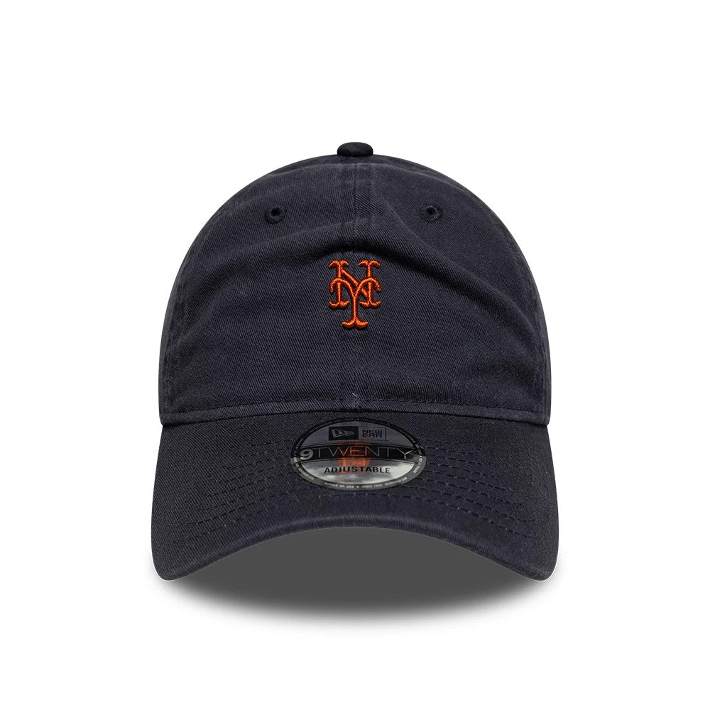 New York Mets MLB Mini Logo Navy New Era 9TWENTY Adjustable Cap, front view showing the orange embroidered Mets logo on the centre of the unstructured navy crown, with a pre-curved visor and 9TWENTY size sticker placed centrally on the visor.