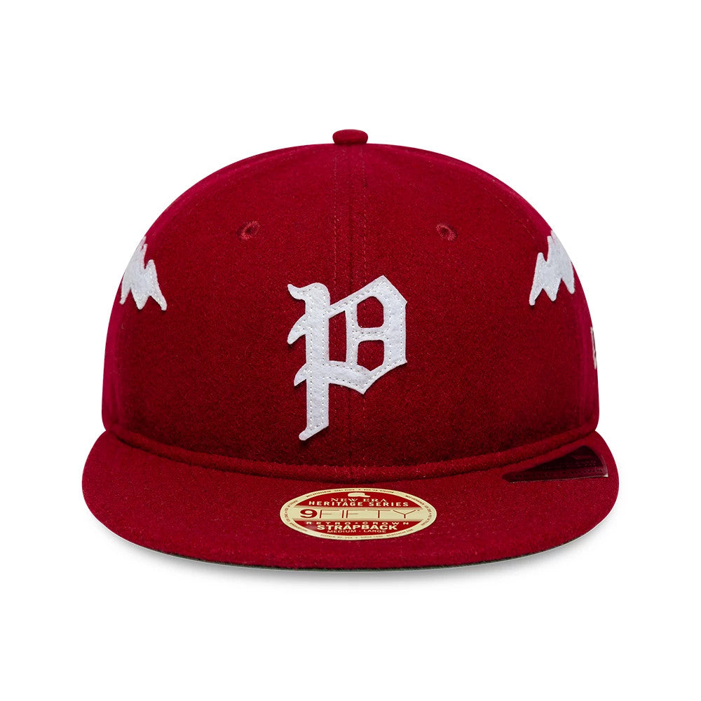 Phillies MLB Heritage Dark Red Retro Crown New Era 9FIFTY Adjustable Cap, front view showing a white embroidered P logo on the dark red front panel, complemented by white side graphics and a gold 9FIFTY size sticker on the flat visor.