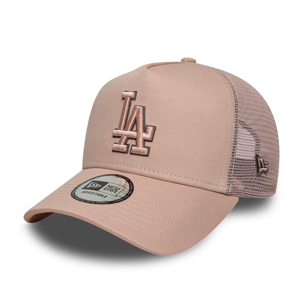 Pictured is this MLB Outline LA Dodgers 9FORTY E-Frame Trucker cap in pastel pink. 1