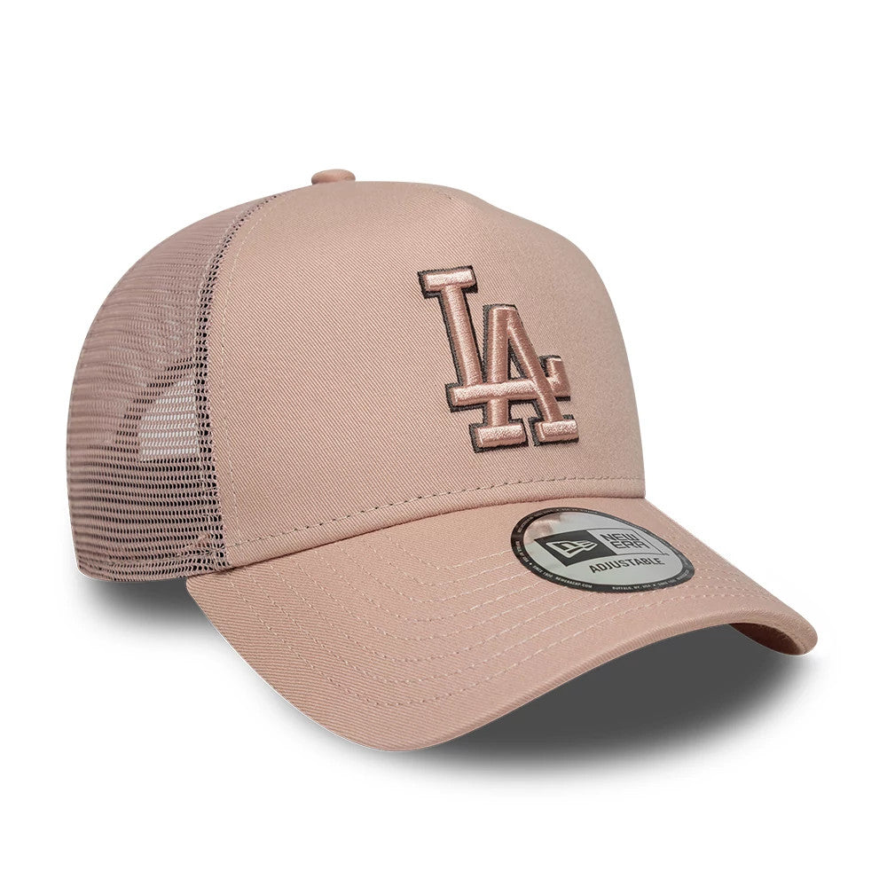 LA Dodgers MLB Outline Pastel Pink New Era 9FORTY E-Frame Trucker Adjustable Cap, three-quarter view with the pink raised embroidered LA logo on the front panel, complemented by the mesh rear panels.