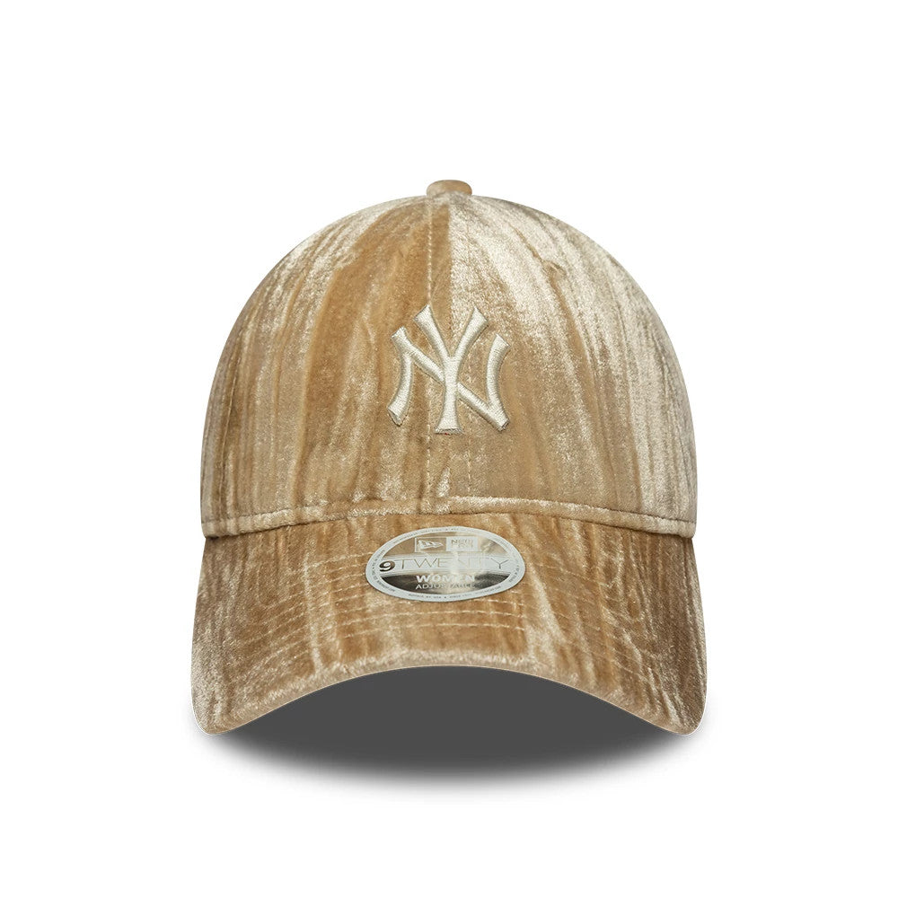 New York Yankees Womens MLB Velour Beige New Era 9TWENTY Adjustable Cap, front view showing the raised white embroidered NY logo on the structured velour beige crown, with the 9TWENTY size sticker on the curved visor.