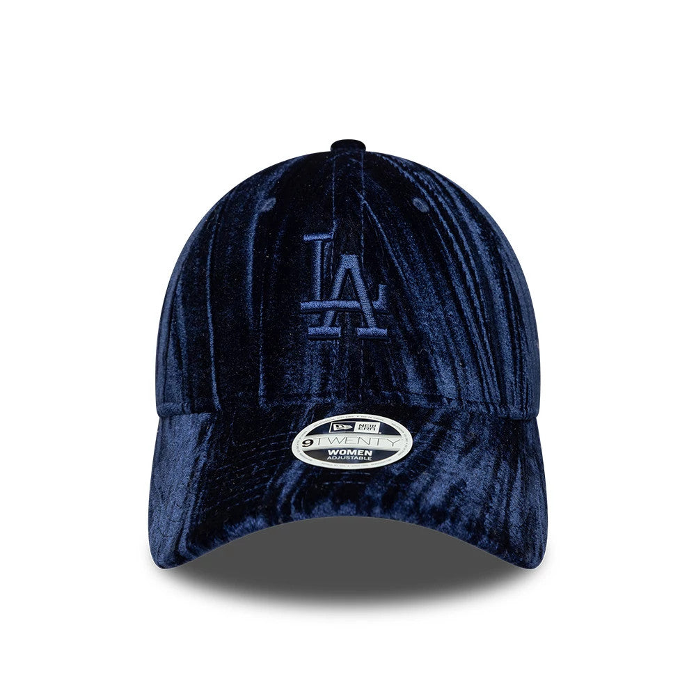 LA Dodgers Womens MLB Velour Navy New Era 9TWENTY Adjustable Cap, front view showing the raised navy embroidered LA logo at the centre of the front panels, paired with a curved navy velour visor and a 9TWENTY size sticker on the visor.