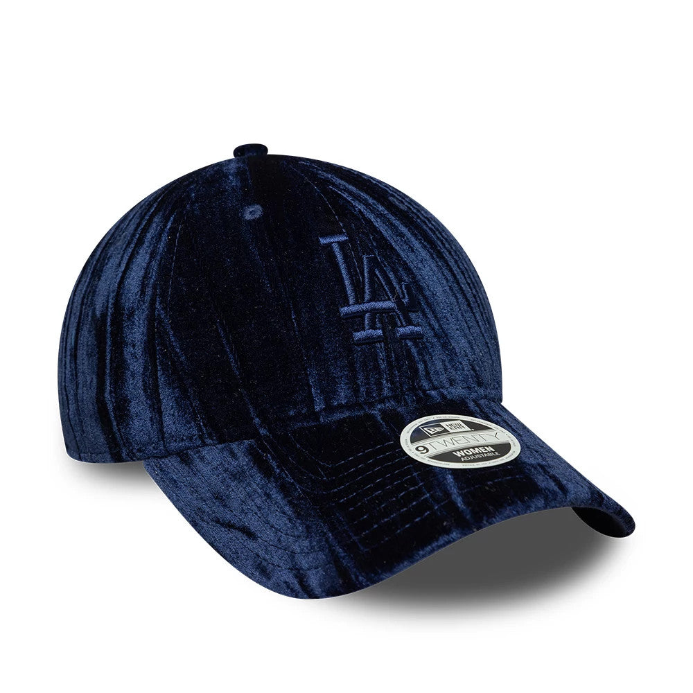 LA Dodgers Womens MLB Velour Navy New Era 9TWENTY Adjustable Cap, front view showing a embroidered LA logo on the front panel, matching navy velour visor with a 9TWENTY size sticker, and a curved silhouette.